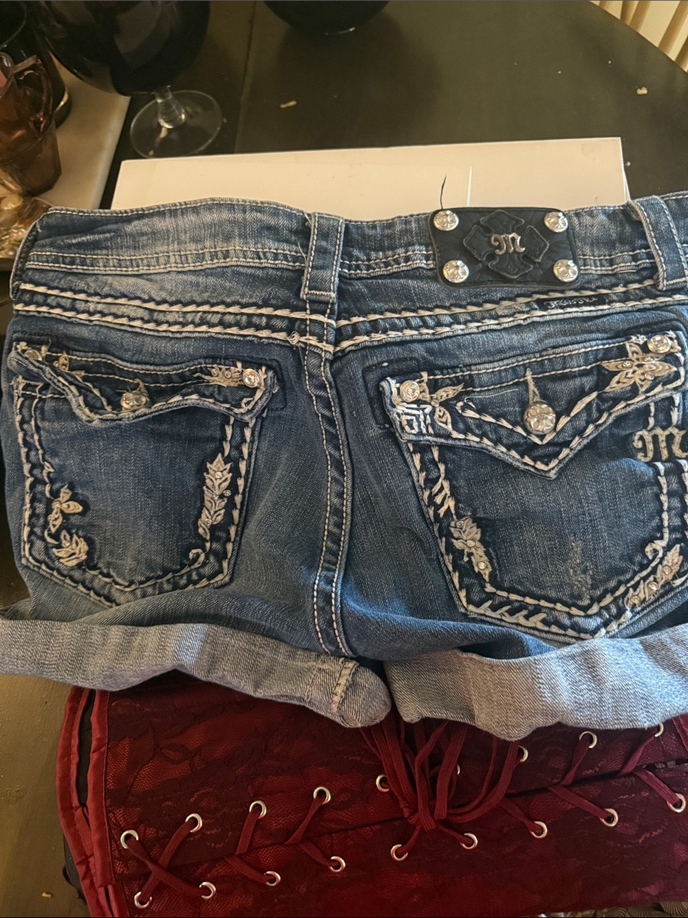 Miss Me Distressed Medium Blue Embroidered Denim Shorts with Rhinestones